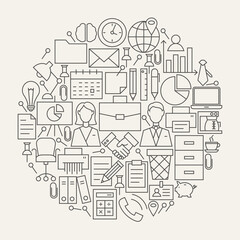 Business Office Line Icons Set Circle Shape. Vector Illustration of Modern Working Place and Job  Objects.