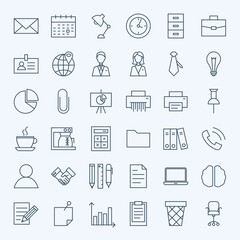 Fototapeta premium Line Business Office Icons Set. Vector Set of Modern Thin Outline Working Place and Job Items.