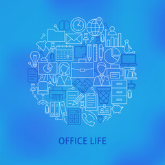 Thin Line Business Office Life Icons Set Circle Concept. Vector Illustration of Working Place and Job Objects over Blue Blurred Background.