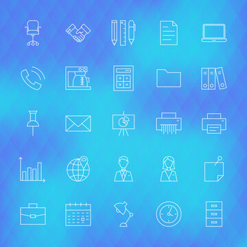 Business Office Line Icons Set over Polygonal Background. Vector Set of Modern Thin Outline Working Place and Job Items.