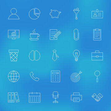 Office Business Line Icons Set over Blurred Background. Vector Set of Modern Thin Outline Working Place and Job Items.