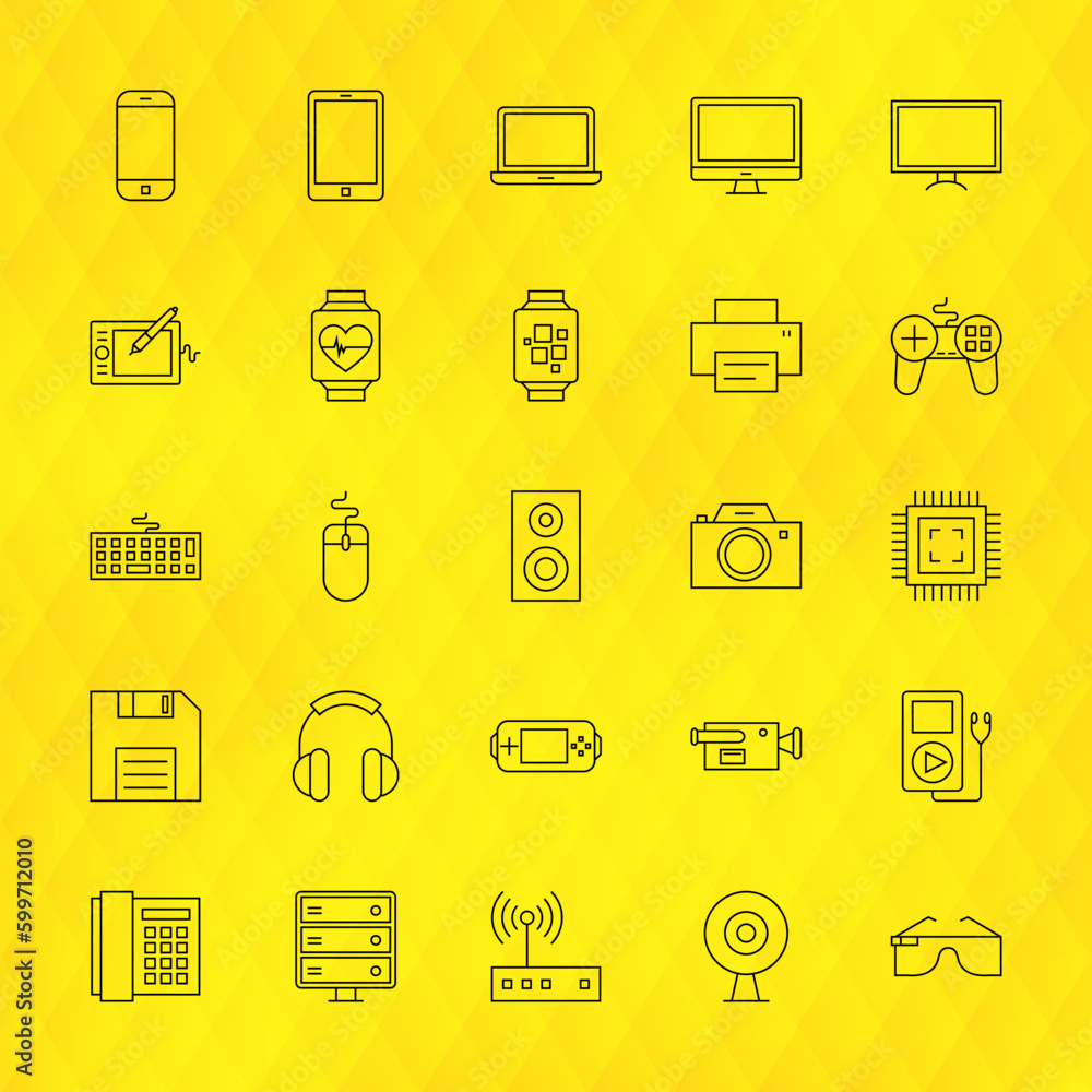 Poster technology devices line icons set over polygonal background. vector set of modern thin outline elect