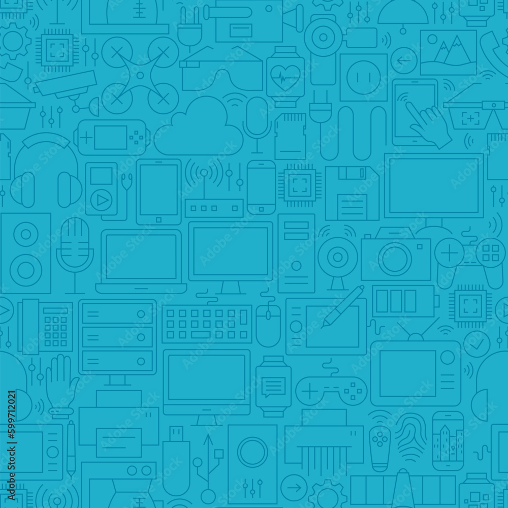 Poster thin line blue electronic gadgets seamless pattern. vector website design and seamless background in