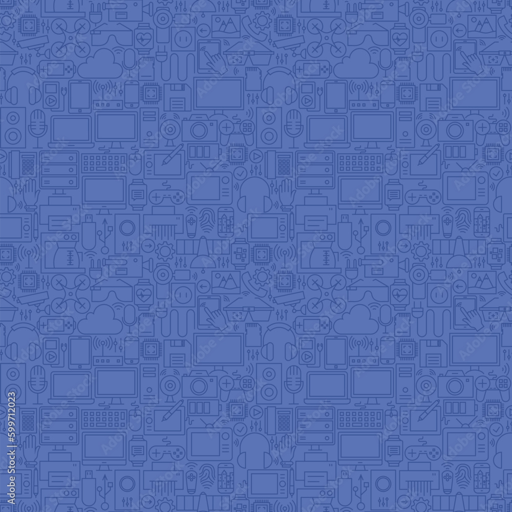 Poster thin line blue gadgets and devices seamless pattern. vector website design and seamless background i