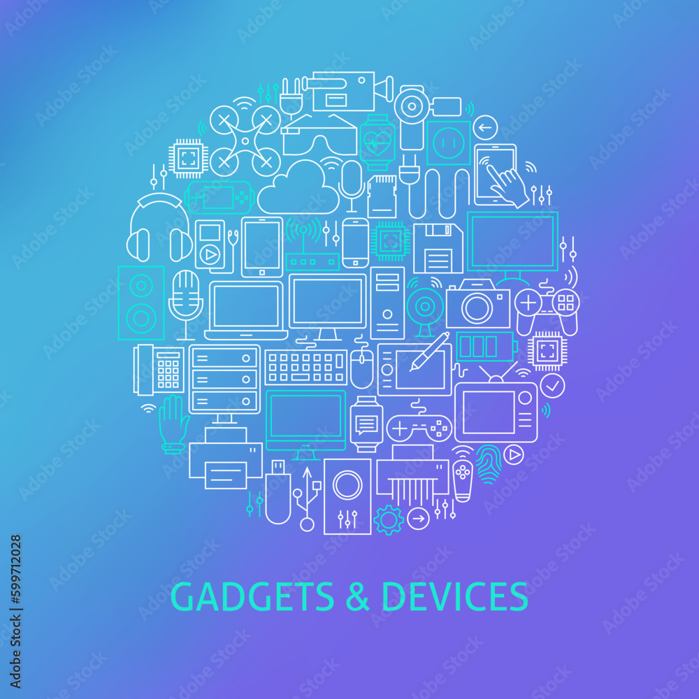 Poster thin line electronics and gadgets icons set circle concept. vector illustration of devices and techn