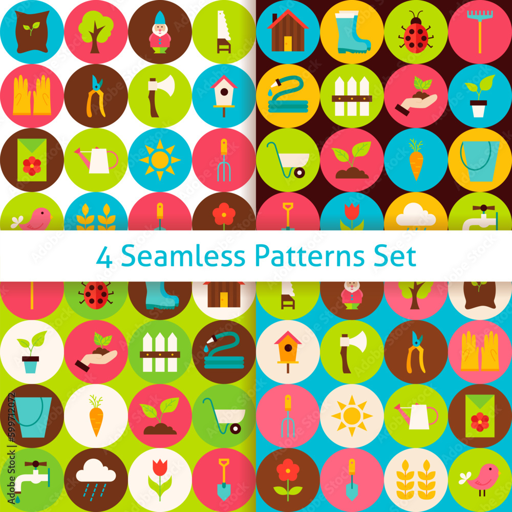 Poster four spring garden seamless patterns set with circles. flat design vector illustration. background. 