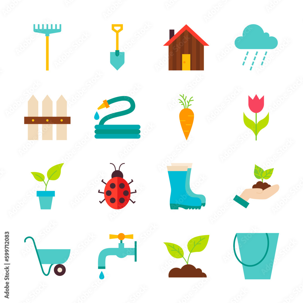 Poster spring garden objects set isolated over white. flat design vector illustration. collection of nature