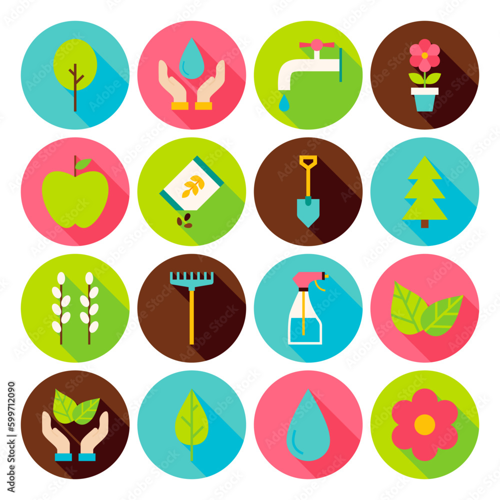 Poster spring gardening circle icons set with long shadow. flat design vector illustration. collection of n