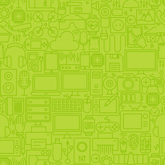 Thin Green Gadgets and Devices Line Seamless Pattern. Vector Website Design and Seamless Background in Trendy Modern Outline Style. Technology and Electronics.