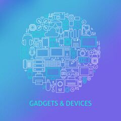 Fototapeta na wymiar Thin Line Electronics and Gadgets Icons Set Circle Concept. Vector Illustration of Devices and Technology Objects over Blue Blurred Background.