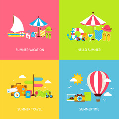 Naklejka premium Summer Travel Vector Flat Concepts Set. Flat Design Vector Illustration. Collection of Summertime Vacation Colorful Objects.