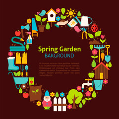 Flat Circle Collection of Spring Garden Objects. Vector Illustration. Set of Nature Gardening Tools over brown background.