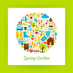 Flat Circle Spring Garden Objects. Collection of Vector Gardening Tools isolated over white Paper Template.