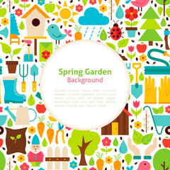 Obraz na płótnie Canvas Flat Spring Garden Background. Vector Illustration for Gardening Promotion Template. Colorful Poster with Text for Advertising.