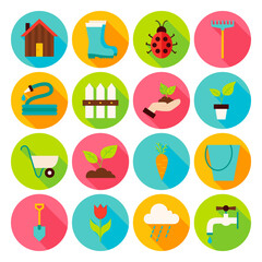 Spring Garden Circle Icons Set with long Shadow. Flat Design Vector Illustration. Collection of Nature Gardening website Icons.