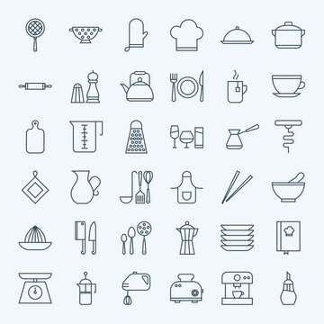 Line Cooking Utensils and Kitchenware Icons Set. Vector Set of Modern Thin Outline Kitchen Tools Items.