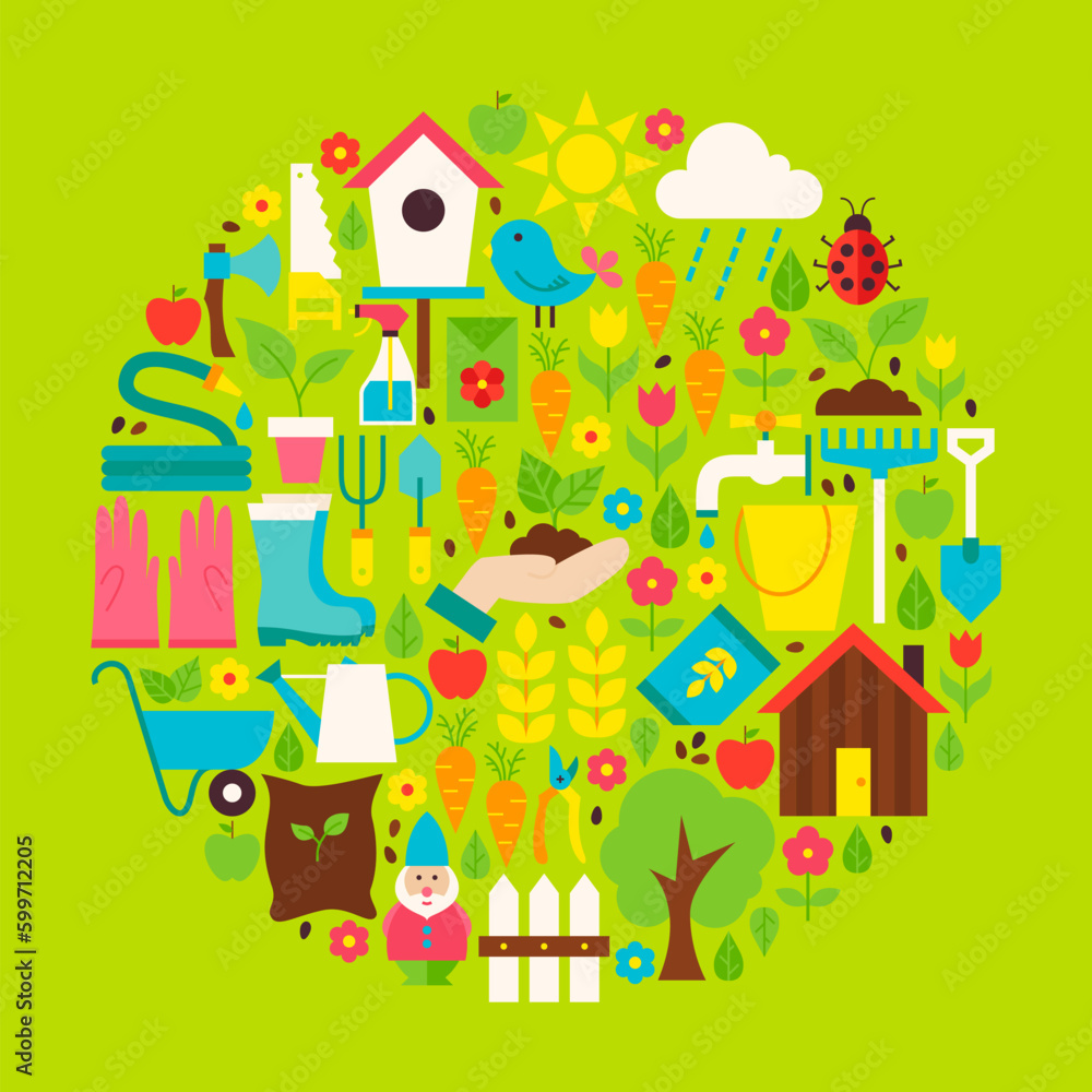 Poster nature gardening circle shaped objects set. flat design vector illustration. collection of spring se