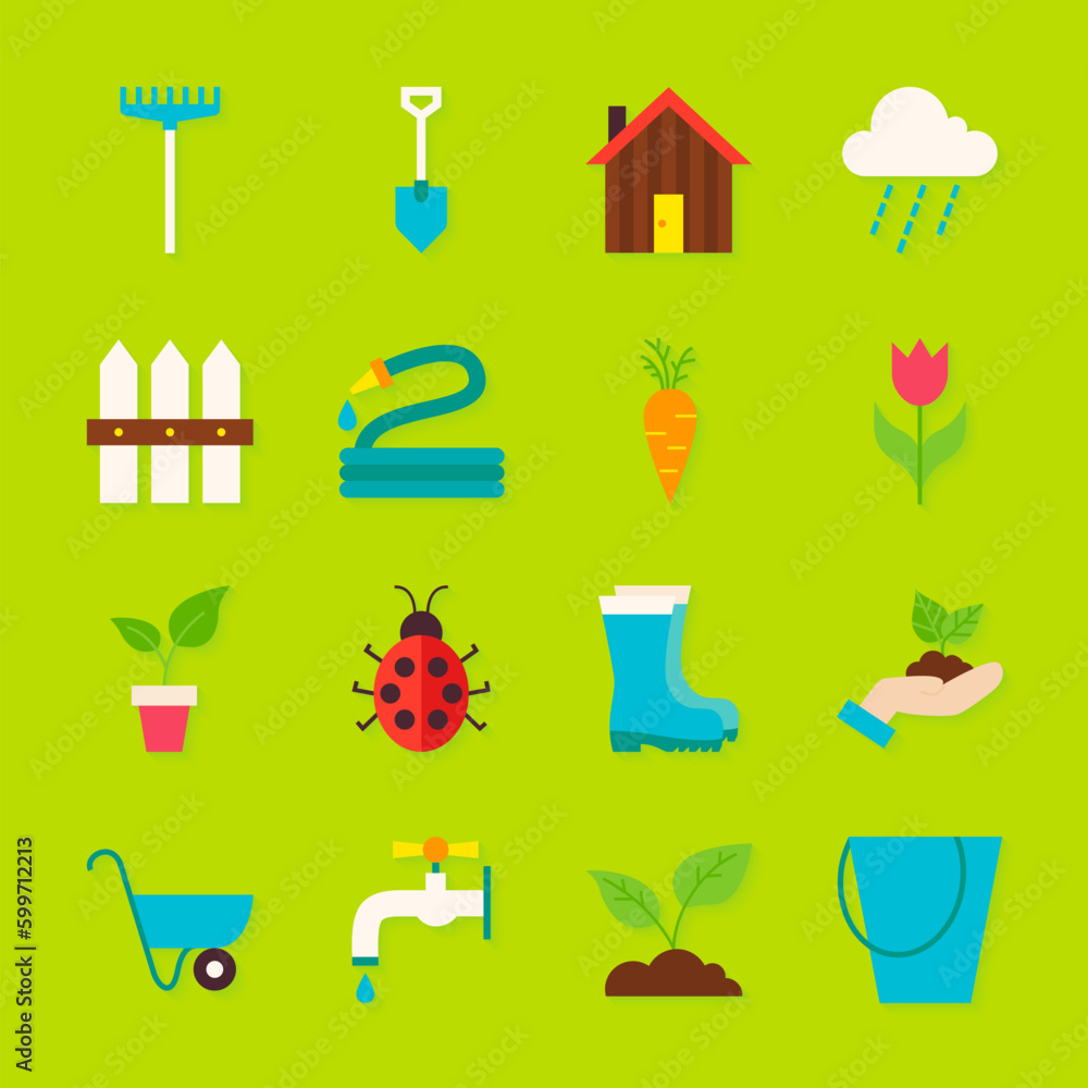 Poster spring garden objects set with shadow. flat design vector illustration. collection of seasonal garde
