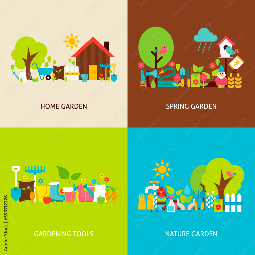 Poster spring garden concepts set. flat design vector illustration. collection of nature gardening colorful
