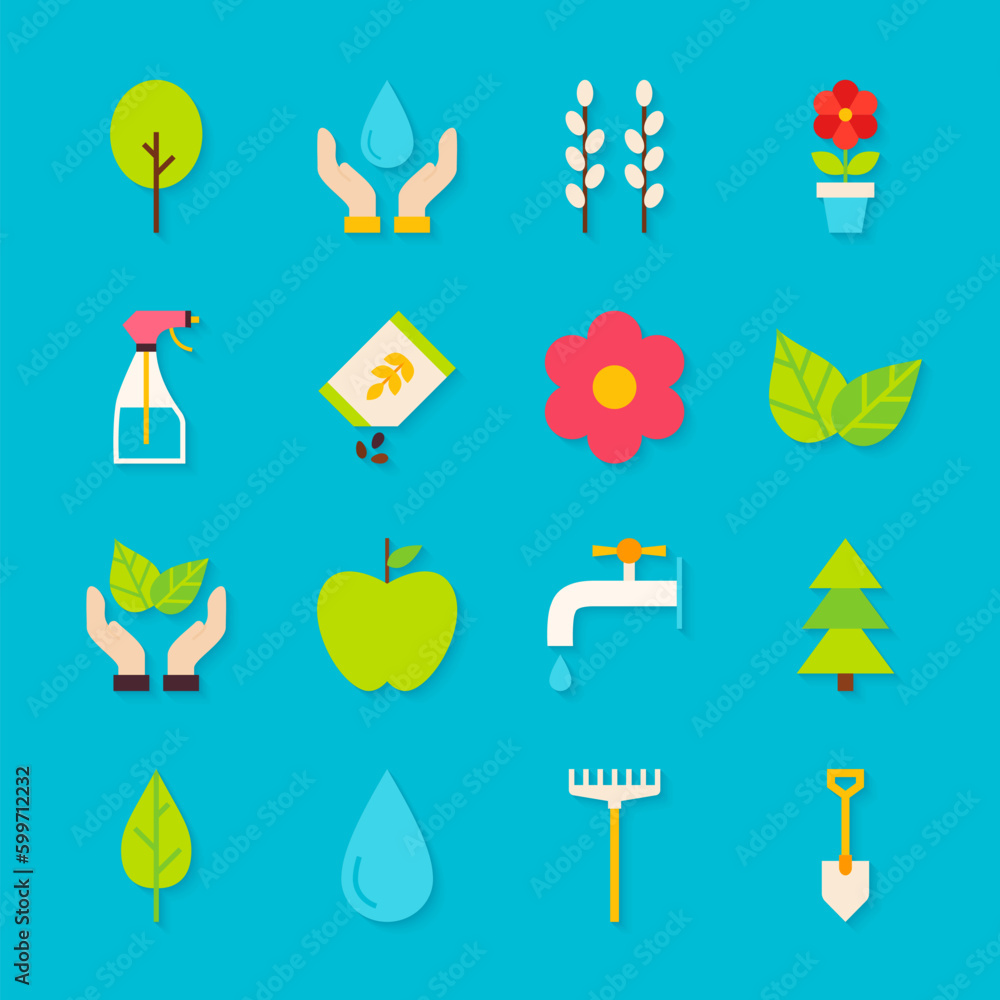 Poster spring gardening objects set with shadow. flat design vector illustration. collection of seasonal ga