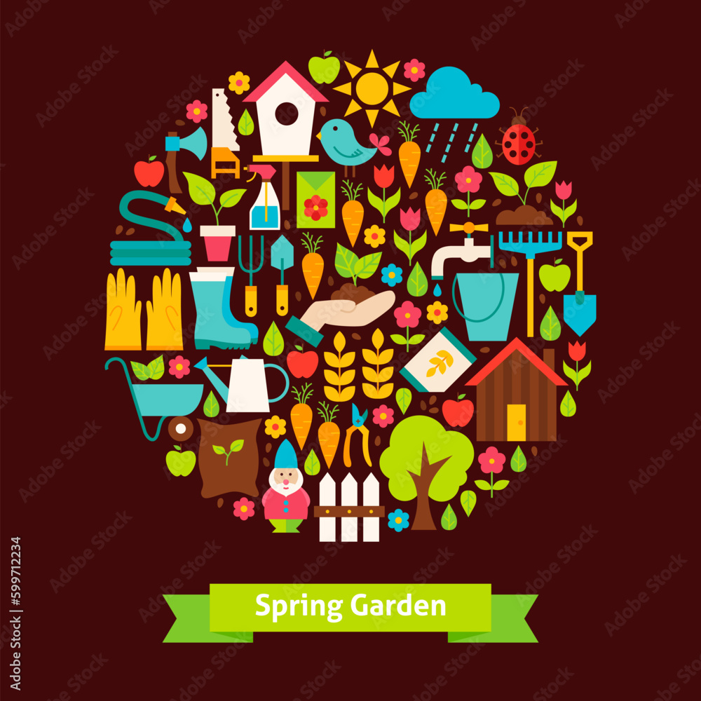 Poster vector flat style spring garden objects. collection of nature gardening colorful items. circle shape