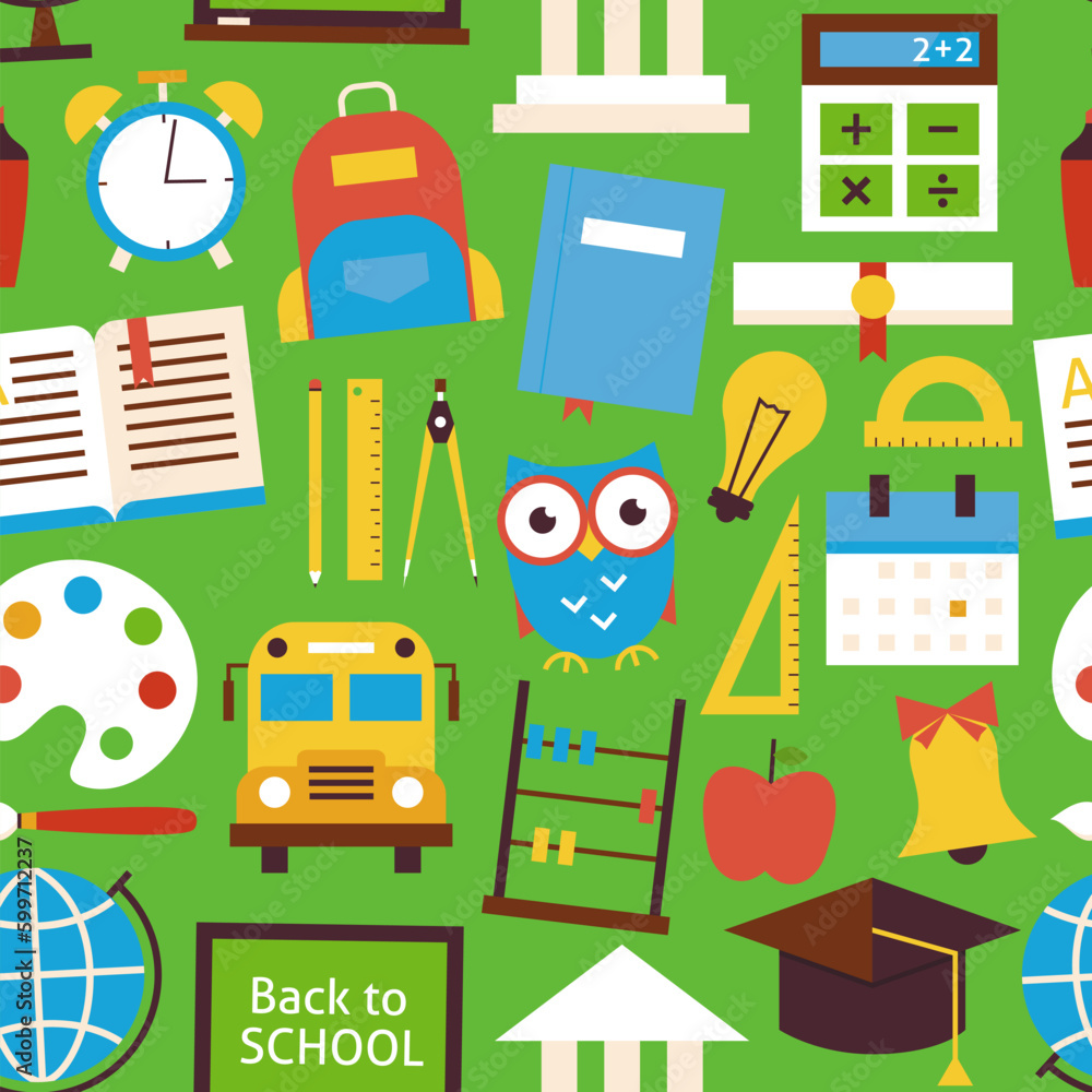Poster pattern back to school objects over green. flat style vector seamless texture background. collection