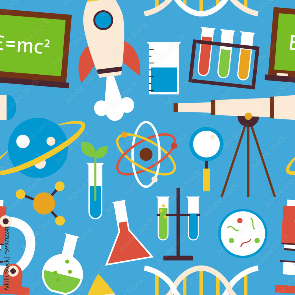 Poster pattern science and education objects over blue. flat style vector seamless texture background. coll