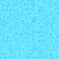 Line Summer Travel and Resort Blue Seamless Pattern. Vector Vacation Design and Seamless Background in Trendy Modern Line Style. Thin Outline Art