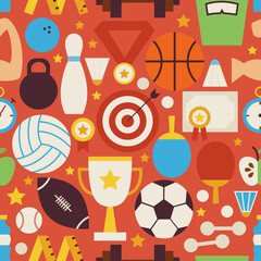 Sport Recreation and Competition Red Seamless Pattern. Sports and Activities Flat Design Vector Illustration. Background. Set of Team Games First place and Sport Items