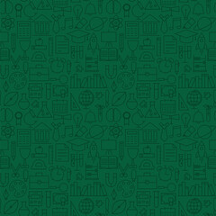 School Education Green Seamless Pattern. Vector Science Design and Seamless Background in Trendy Modern Line Style. Thin Outline Art