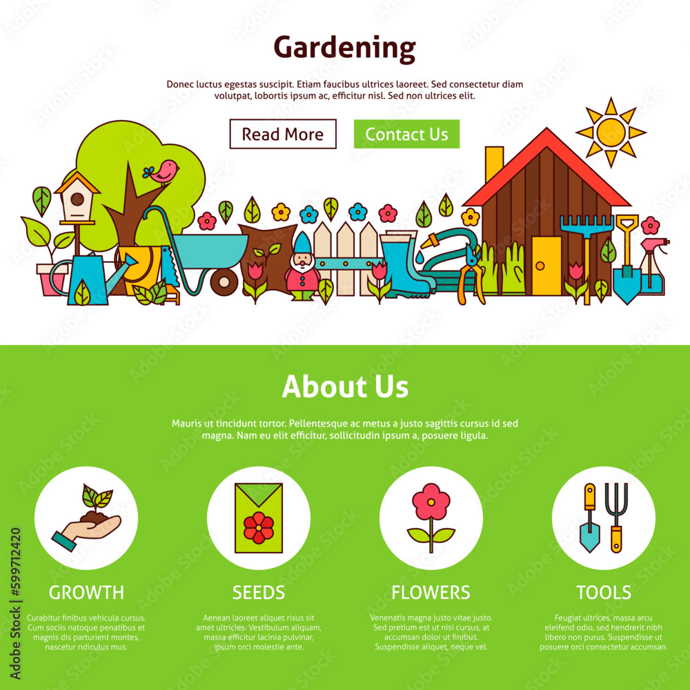 Poster gardening flat outline web design template. vector illustration of website banner and landing page. 