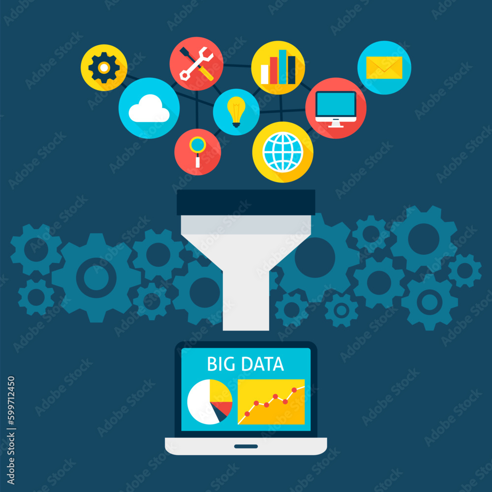 Poster sales funnel big data flat style concept. vector illustration of big data filter. laptop with data a