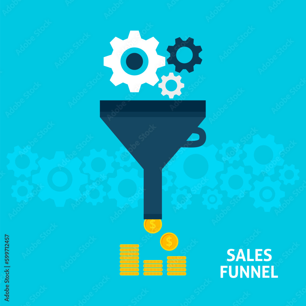 Poster sales funnel flat design concept. vector illustration of data filter. business data tunnel into mone