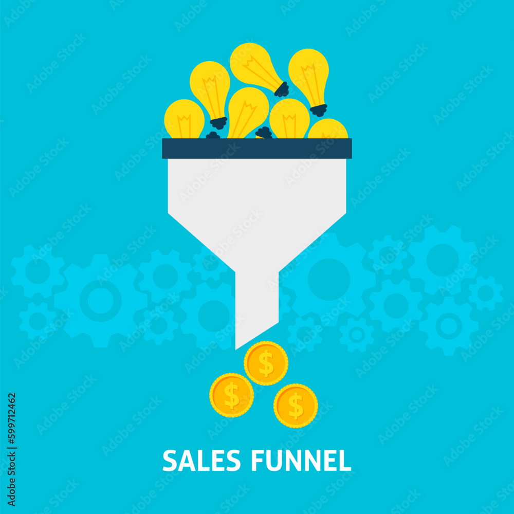Poster sales funnel converting ideas into money flat style concept. vector illustration of data tunnel and 