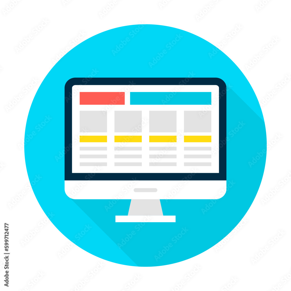 Poster computer display landing page circle icon. vector illustration flat style round icon with long shado