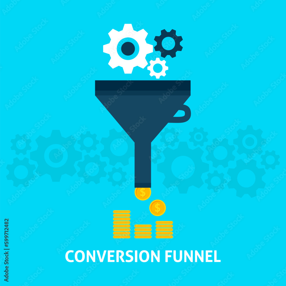 Poster conversion funnel flat style concept. vector illustration of data filter. business conversion into m