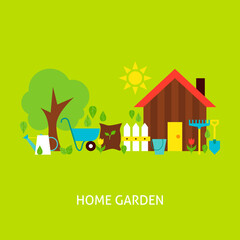 Home Garden Concept. Flat Poster Design Vector Illustration. Collection of Nature Gardening Colorful Objects.
