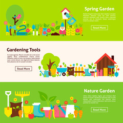 Obraz na płótnie Canvas Nature and Gardening Tools Flat Horizontal Banners. Vector Illustration for Website Header. Garden Items Flat Design.