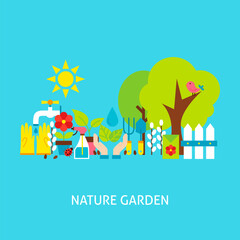Nature Garden Concept. Flat Poster Design Vector Illustration. Collection of Gardening Tools Colorful Objects.