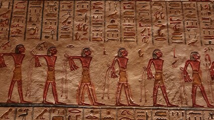 Mural paintings of captives in Ramses V and Ramses VI tomb (KV9) in kings valley in Luxor in Egypt