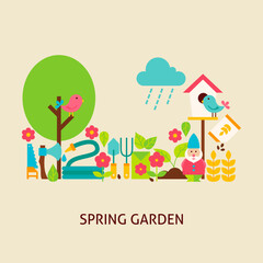 Spring Garden Concept. Flat Poster Design Vector Illustration. Collection of Nature Gardening Colorful Objects.