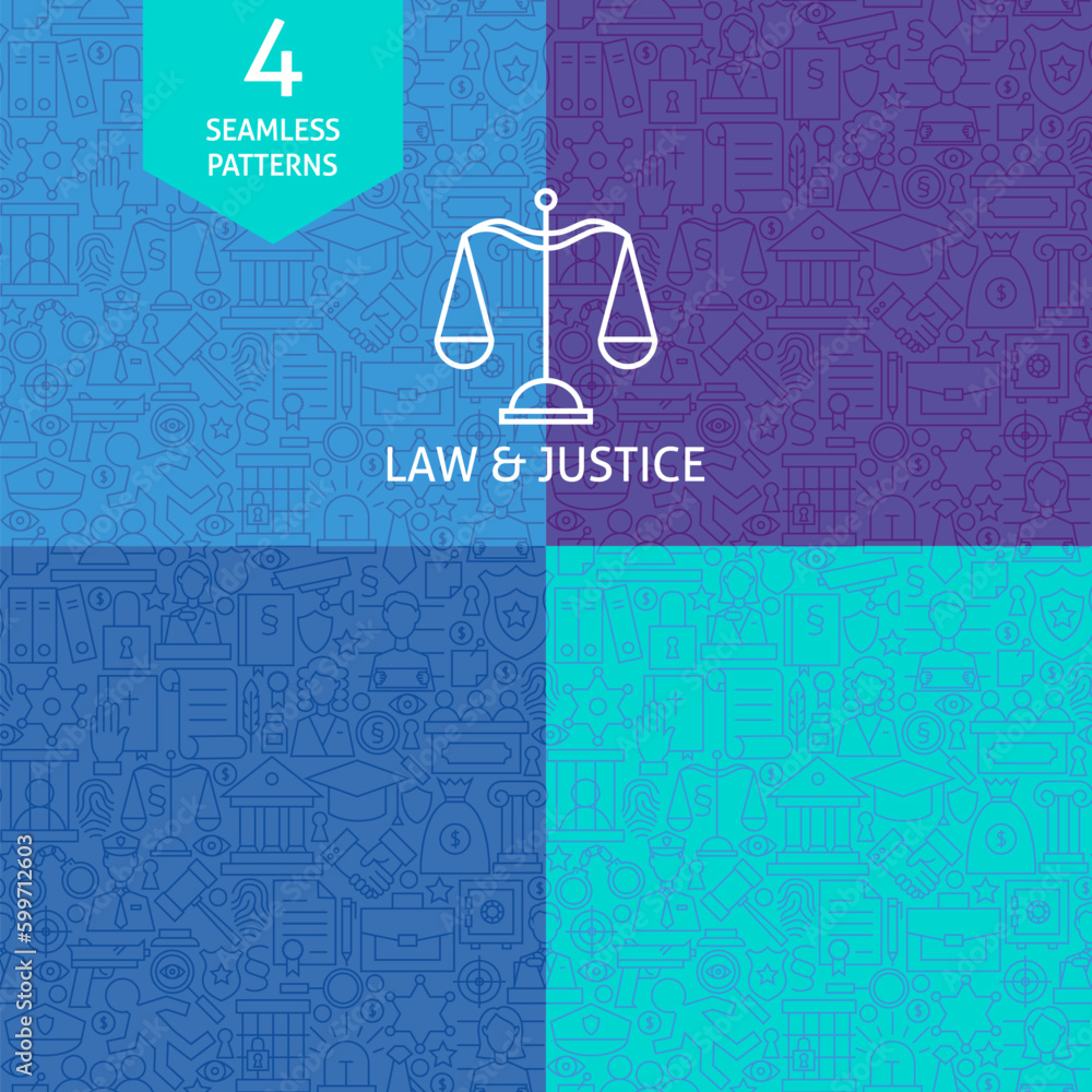 Poster thin line art law justice and crime pattern set. four vector website design and seamless background 