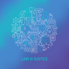 Fototapeta na wymiar Thin Line Law and Justice Icons Set Circle Concept. Vector Illustration of Crime Attorney and Lawyer Outline Objects over Blue Blurred Background.