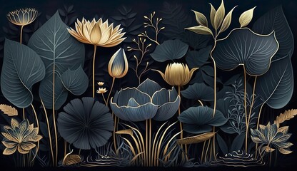tropical flowers wallpaper, dark blue and gold, background banner, mural art, watercolor illustration. Generative AI