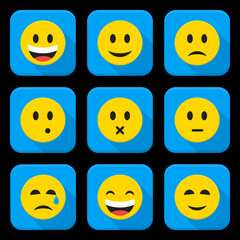 Yellow Smiling Faces Squared App Icon Set. Vector Illustration of Flat Style Icons Square Shaped.