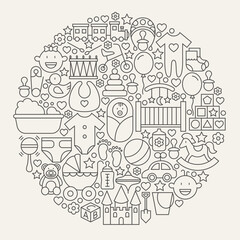 Baby and Newborn Line Icons Set Circle Shape. Vector Illustration of Modern Child and Kid Toys Outline Objects.