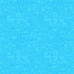 Blue Thin Line Baby Boy Seamless Pattern. Vector Website Design and Seamless Background in Trendy Modern Outline Style. Baby Shower and Newborn.