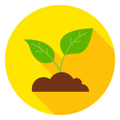 Growing Plant with Ground Circle Icon. Flat Design Vector Illustration with Long Shadow. Nature Gardening Symbol.