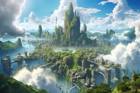 Futuristic utopia megacity concept. Green eco friendly metropolis illustration. Generative AI.