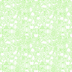 Thin Line Fresh Fruits Vegetables White Seamless Pattern. Vector Website Design and Tile Background in Trendy Modern Outline Style. Healthy Vegetarian Food.